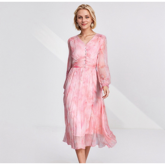 Romantic Silk Midi Dress Long Sleeve For Vacation M NWT 100% silk MSRP $399 - Picture 3 of 5